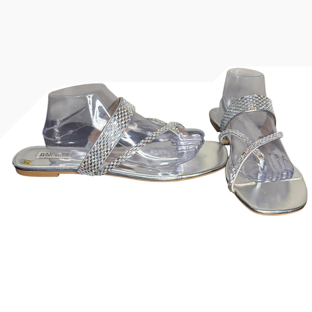 Badgley Mischka Silver Crystal-Strap Flat Sandals